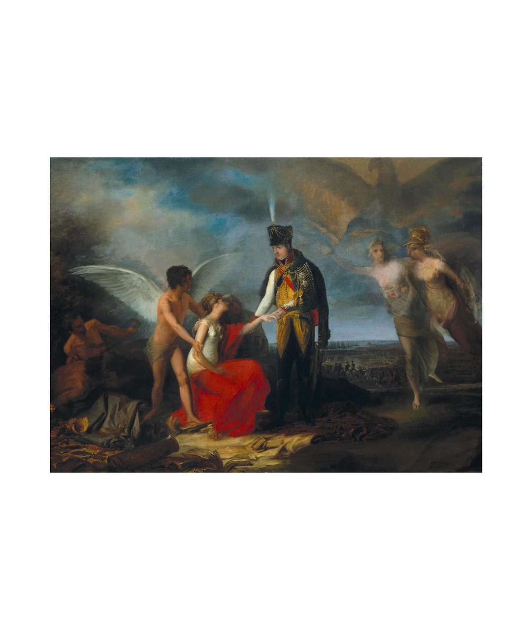Pintura a óleo com a representação de três grupos de figuras numa colina, estando no grupo central o militar Junot a segurar a mão de Lisboa, representada numa jovem